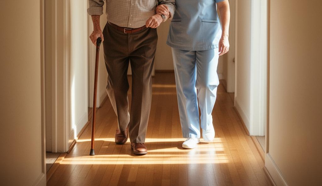Pflegerin betreut behutsam eine ältere Dame zu Hause